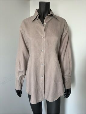 312. Strada 100% Linen Neutral Taupe Button-Up Shirt